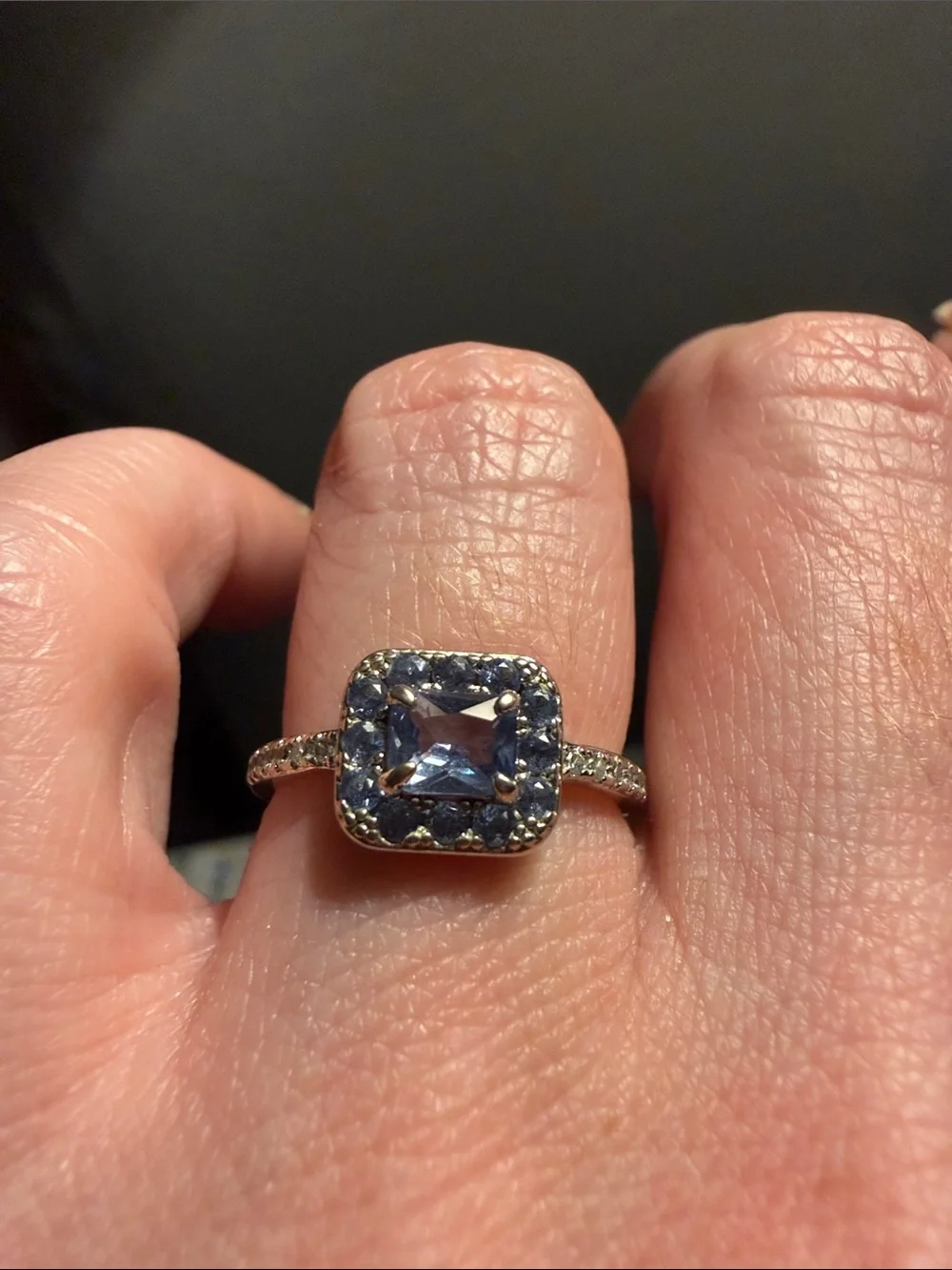 Halo Square Blue Stone Ring in Silver Tone